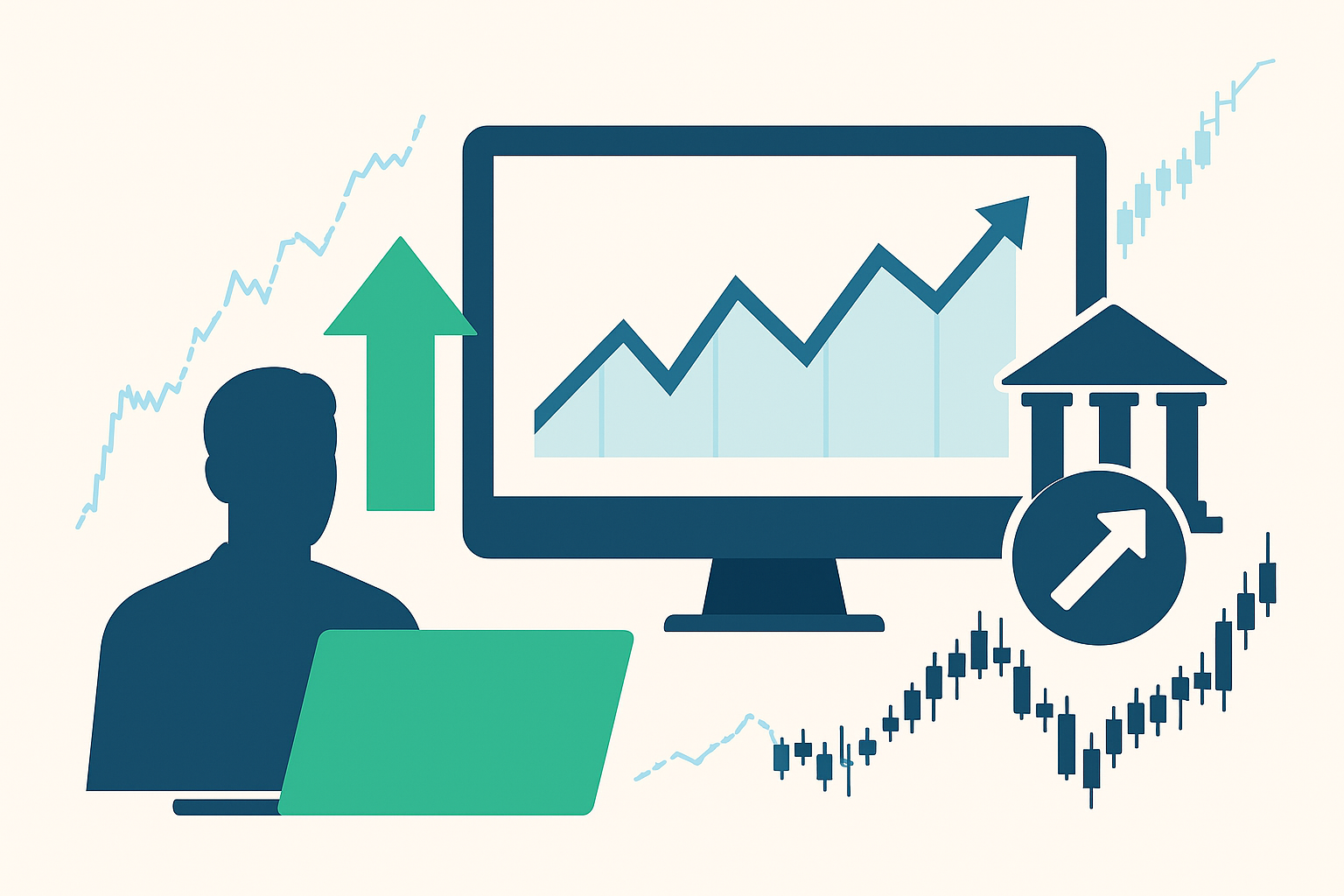 상승하는 그래프를 분석하는 투자자와 모니터 화면, 금융기관 아이콘, 주가 차트가 포함된 금융 시장 분석 개념 이미지