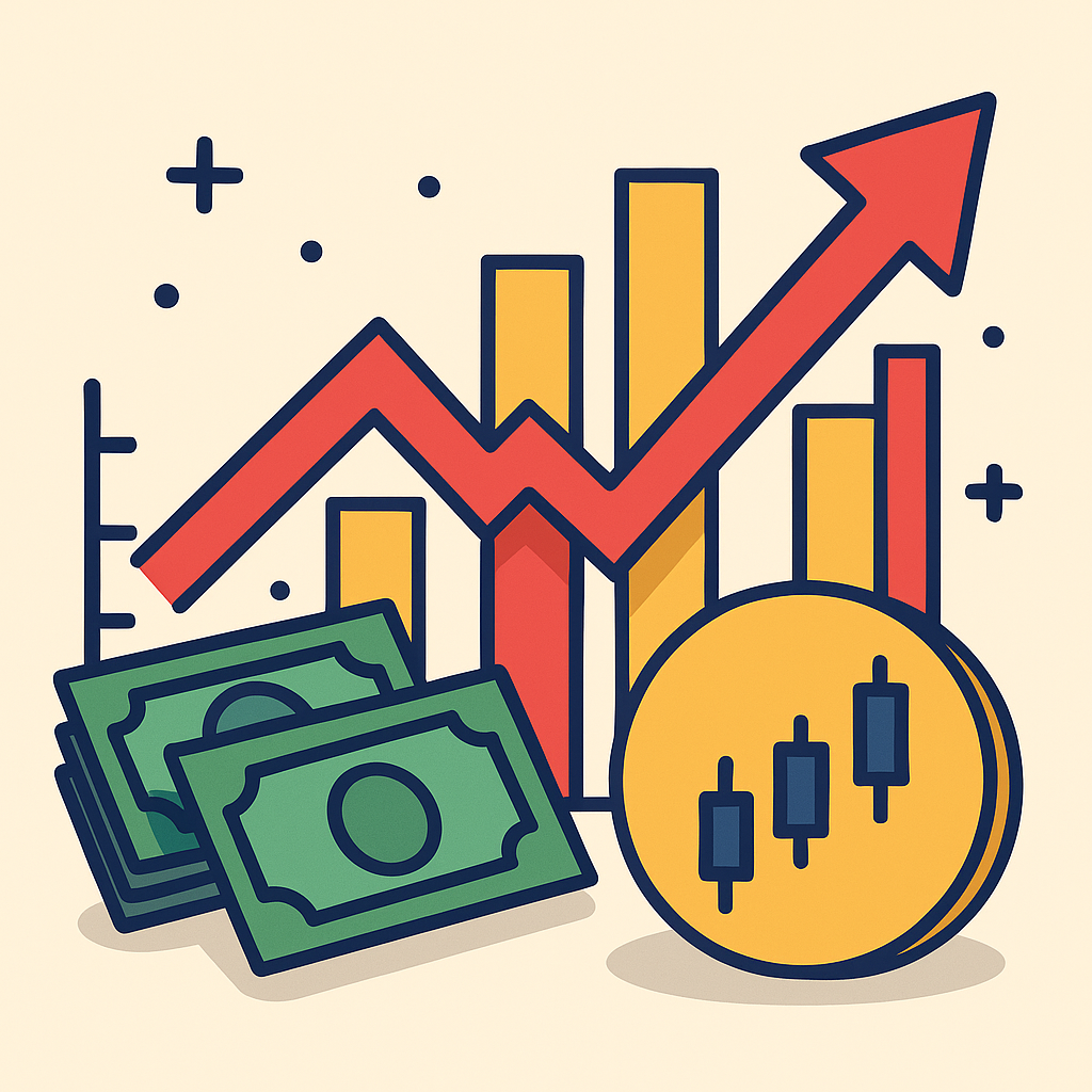 상승하는 빨간색 화살표와 그래프, 지폐, 그리고 캔들 차트가 새겨진 코인이 함께 그려진 금융 및 투자 성장 콘셉트 일러스트