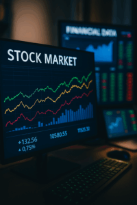 어두운 환경에서 켜진 모니터에 'STOCK MARKET' 글자와 함께 주가지수 상승률(0.75% 상승)과 주가 추이를 보여주는 라인 및 막대 그래프가 표시된 금융 트레이딩 화면