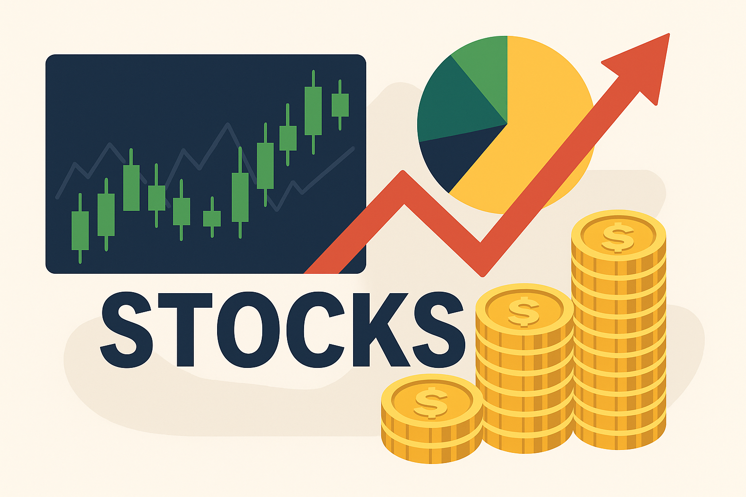 캔들 차트, 파이 차트, 금화 더미와 함께 'STOCKS' 글자가 강조된 주식 및 분산 투자 성장 콘셉트의 일러스트