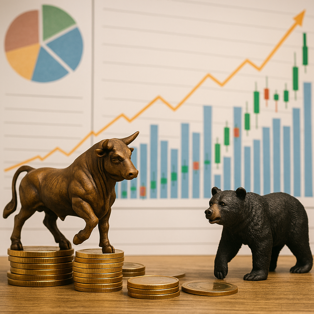 동전 위에 서 있는 황소(Bull) 모형과 곰(Bear) 모형. 배경에는 상승 그래프와 파이 차트가 있는 금융 시장 상황 일러스트