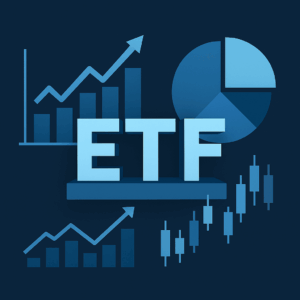 어두운 파란색 배경에 ETF 글자가 강조되어 있으며, 성장 그래프, 파이 차트 등 금융 데이터를 보여주는 일러스트