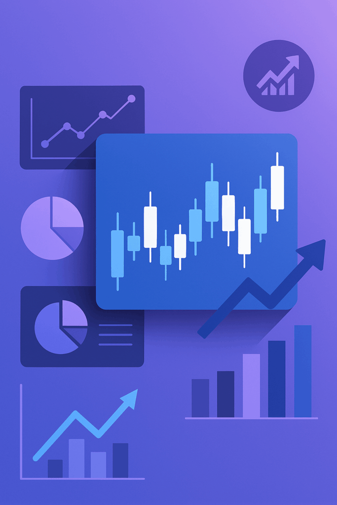 보라색 배경에 캔들 차트, 파이 차트, 다양한 그래프가 입체적으로 배열된 금융 데이터 분석 및 포트폴리오 관리 이미지