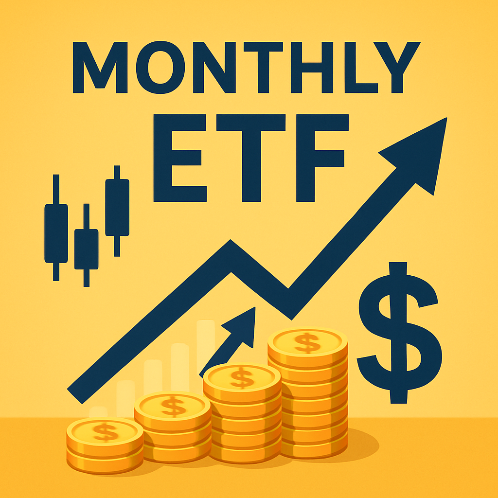 노란색 배경에 'MONTHLY ETF' 글자와 달러 기호, 그리고 상승 화살표, 쌓인 금화가 강조된 월배당 투자 콘셉트 일러스트