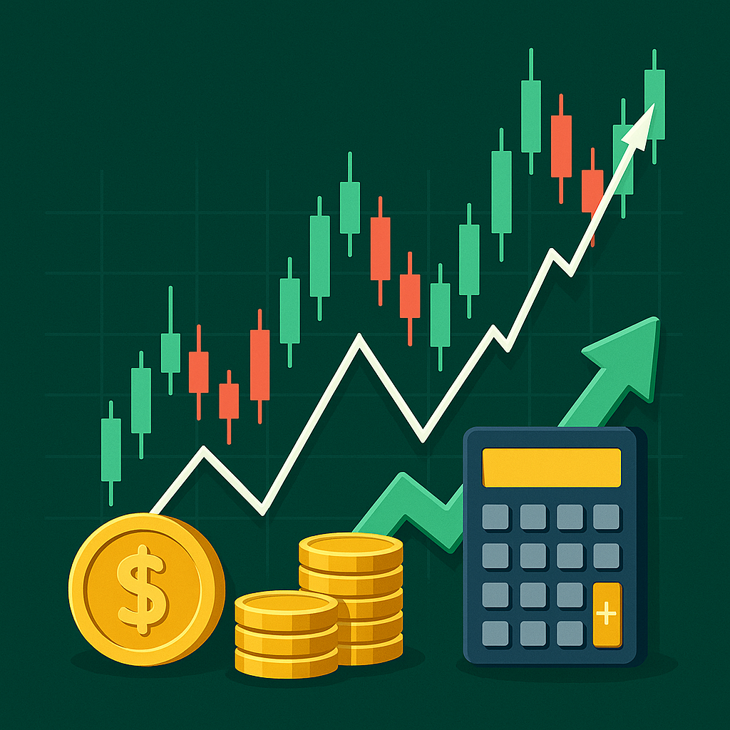 캔들 차트, 상승 화살표, 달러 코인, 계산기가 함께 그려진 투자 수익 계산 및 시장 성장 콘셉트의 일러스트