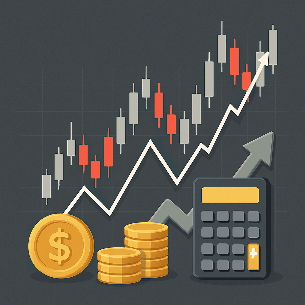 상승하는 캔들차트와 화살표 그래프 앞에 금화와 계산기가 배치된 투자 수익률 분석 개념 일러스트 이미지
