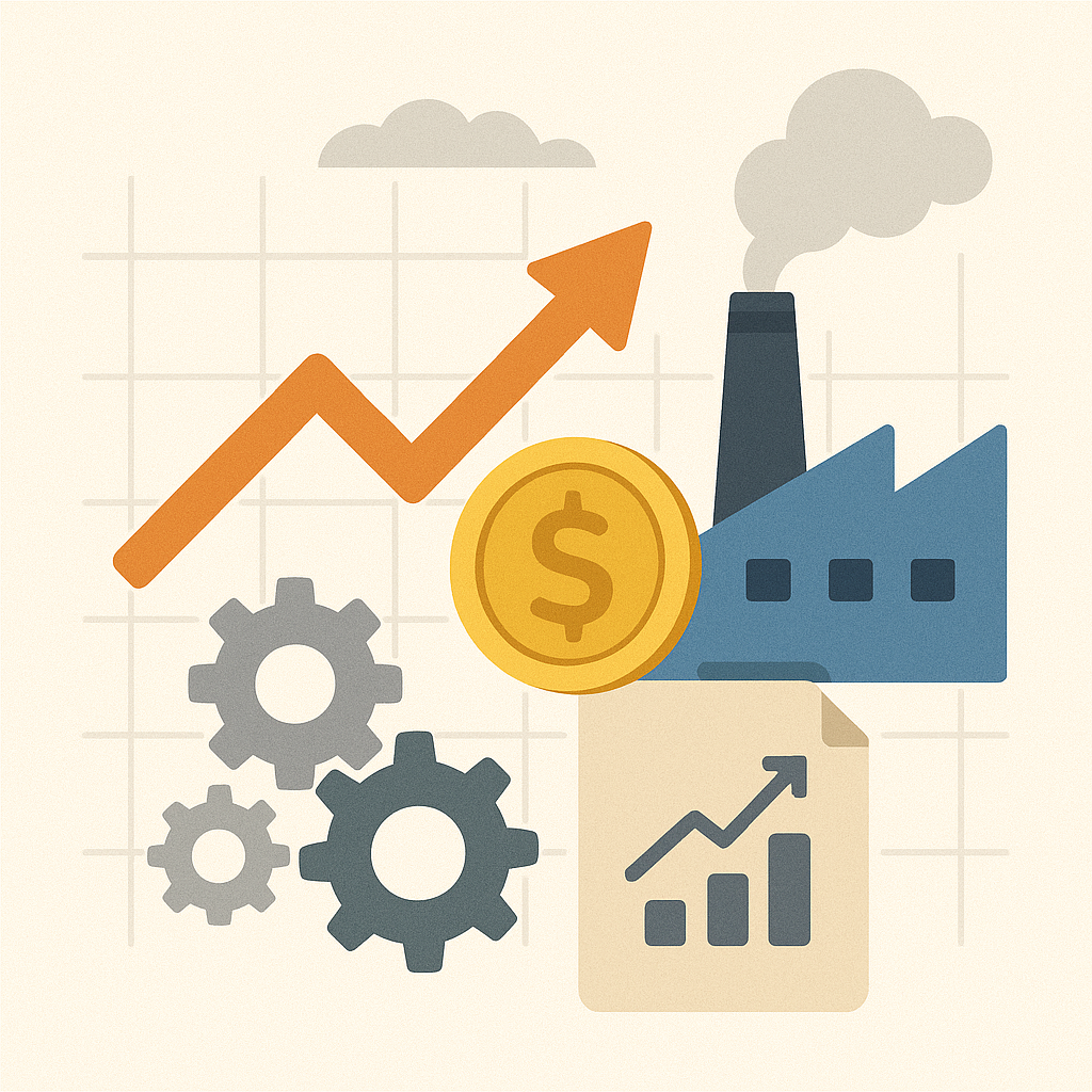 제조업 지표를 상징하는 공장, 기어, 상승 화살표 그래프 등으로 구성된 PMI 개념 일러스트 이미지