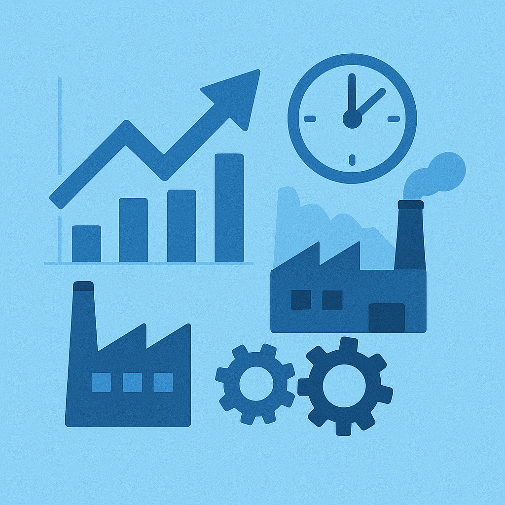 파란색 계열로 구성된 PMI 개념 일러스트로, 공장 아이콘 두 개, 상승 그래프, 시계, 기어 아이콘 등이 배치된 제조업 경기지수 관련 이미지