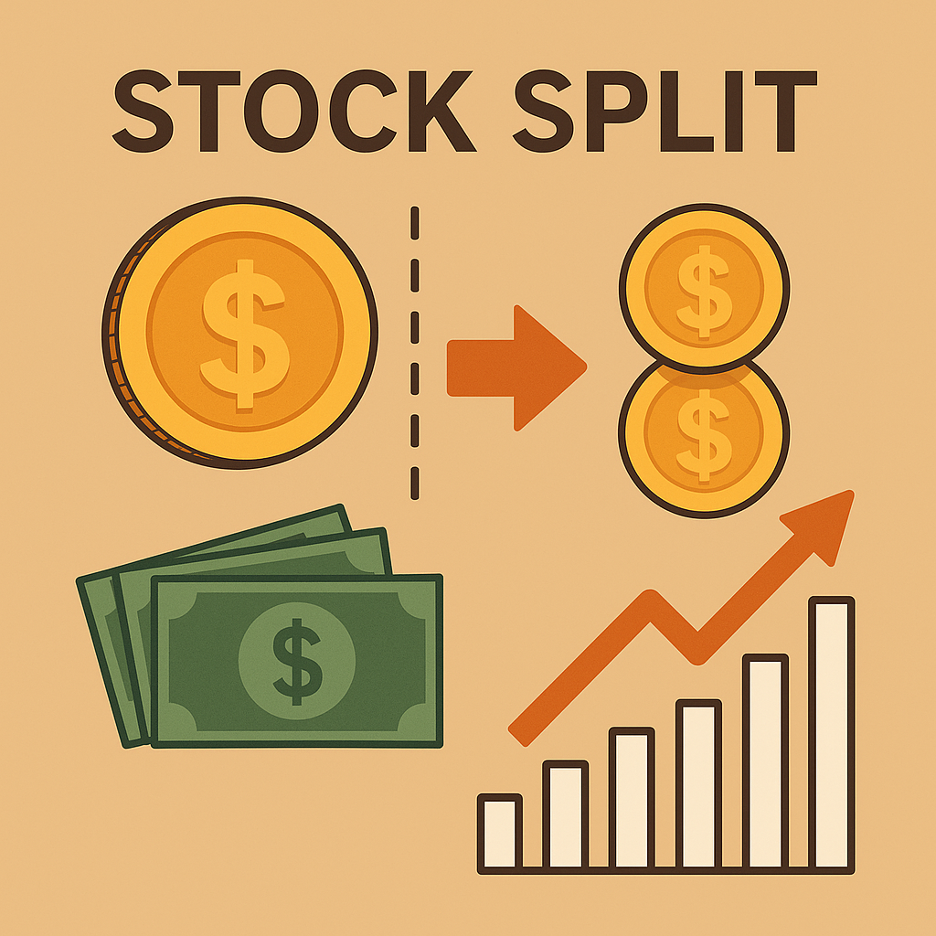 주식 액면분할(Stock Split) 개념을 시각적으로 설명하는 그래픽. 하나의 큰 코인이 두 개의 작은 코인으로 나뉘는 과정을 보여주며, 주식 수가 늘어나도 총 가치는 그대로임을 시사합니다. 아래에는 주식 거래를 상징하는 지폐와 분할 이후 거래 활성화로 인해 주가가 상승 곡선을 그리는 차트가 함께 배치되어 있습니다.