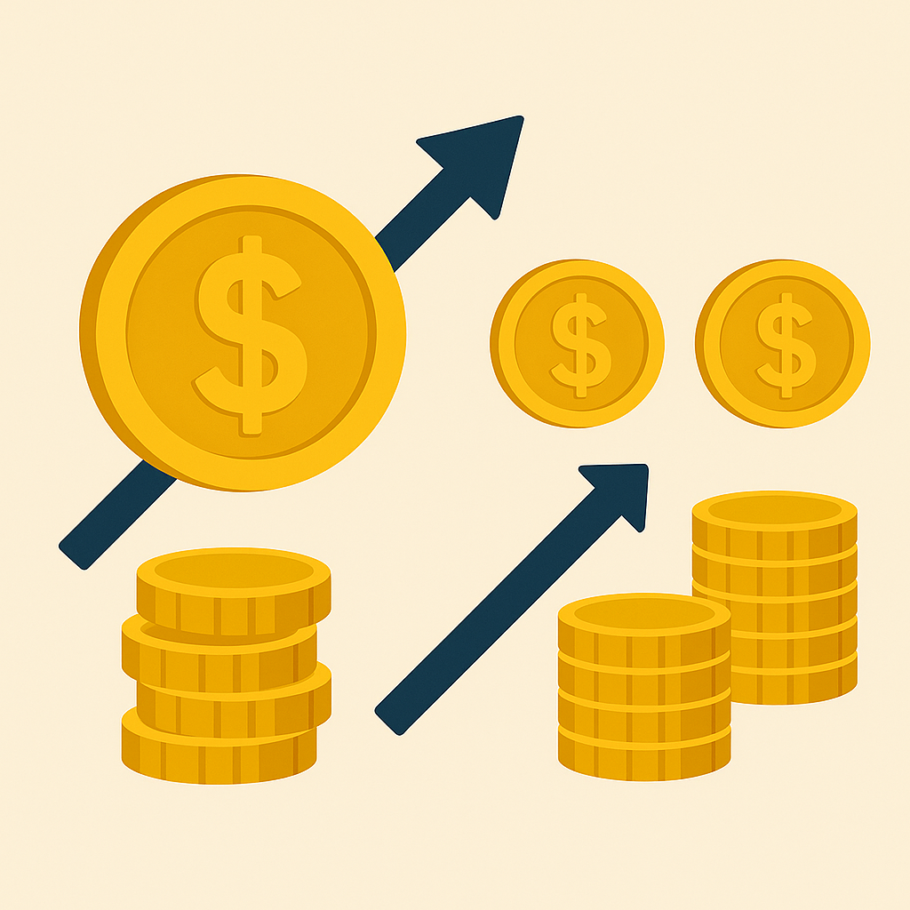 주가 상승 그래프와 주식 분할을 상징하는 화살표 및 코인 아이콘으로 구성된 액면분할 개념 일러스트 이미지