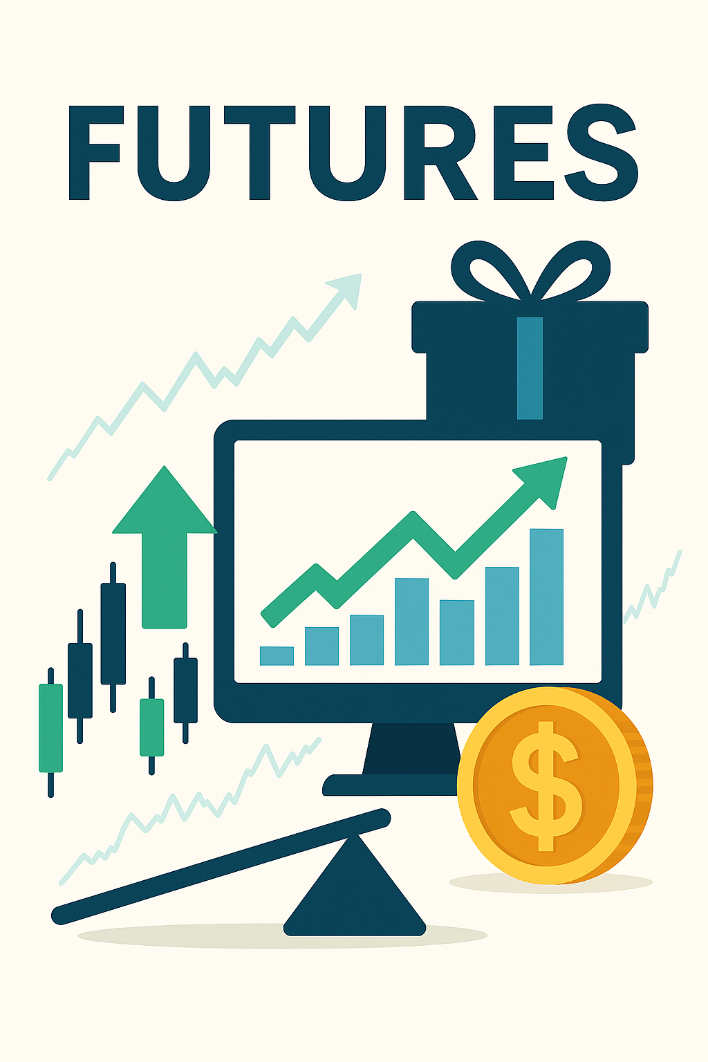 캔들차트와 상승 화살표, 시간 아이콘을 활용해 선물 및 선물옵션 거래 개념을 표현한 일러스트 이미지