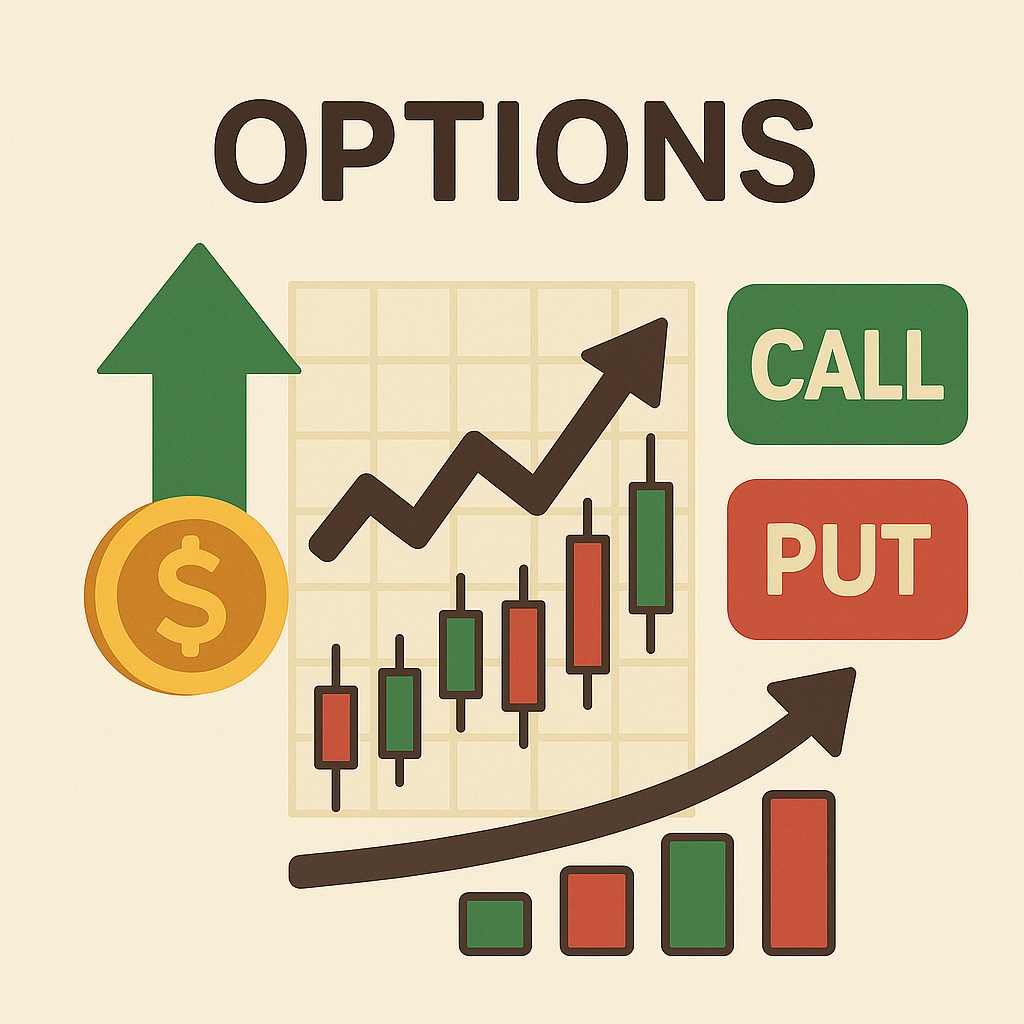 콜(Call)과 풋(Put) 버튼, 캔들차트, 상승 화살표를 이용해 주식 옵션 거래 개념을 시각적으로 표현한 일러스트 이미지