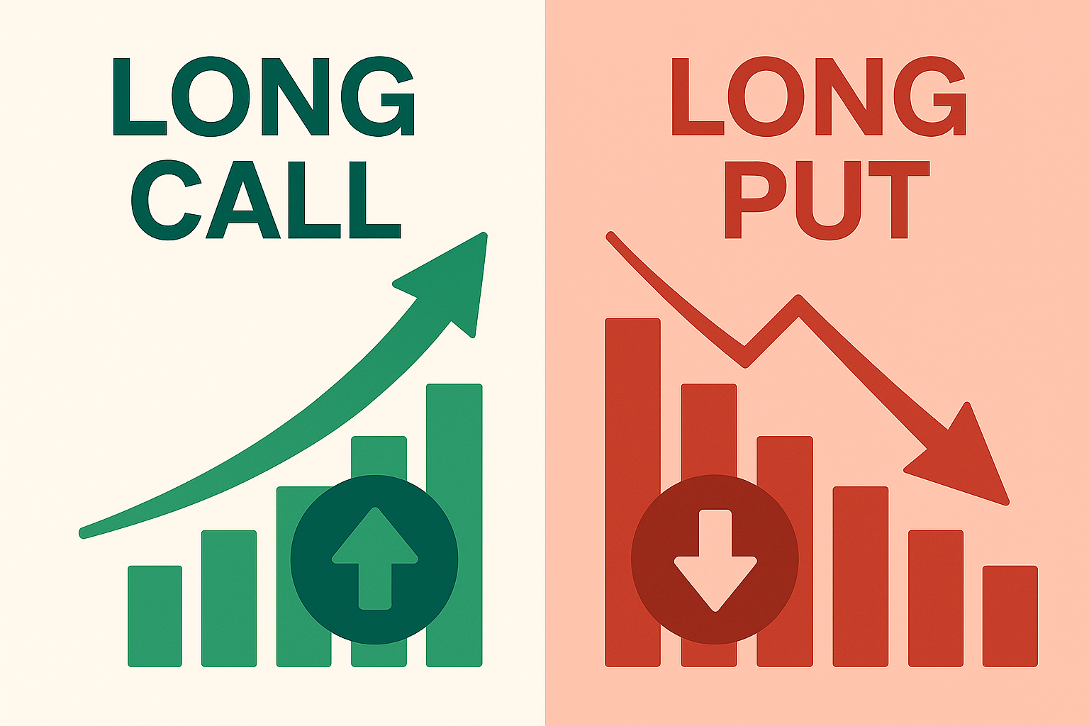 롱 콜 옵션의 상승 그래프와 롱 풋 옵션의 하락 그래프를 좌우로 비교해 보여주는 옵션 전략 개념 일러스트 이미지