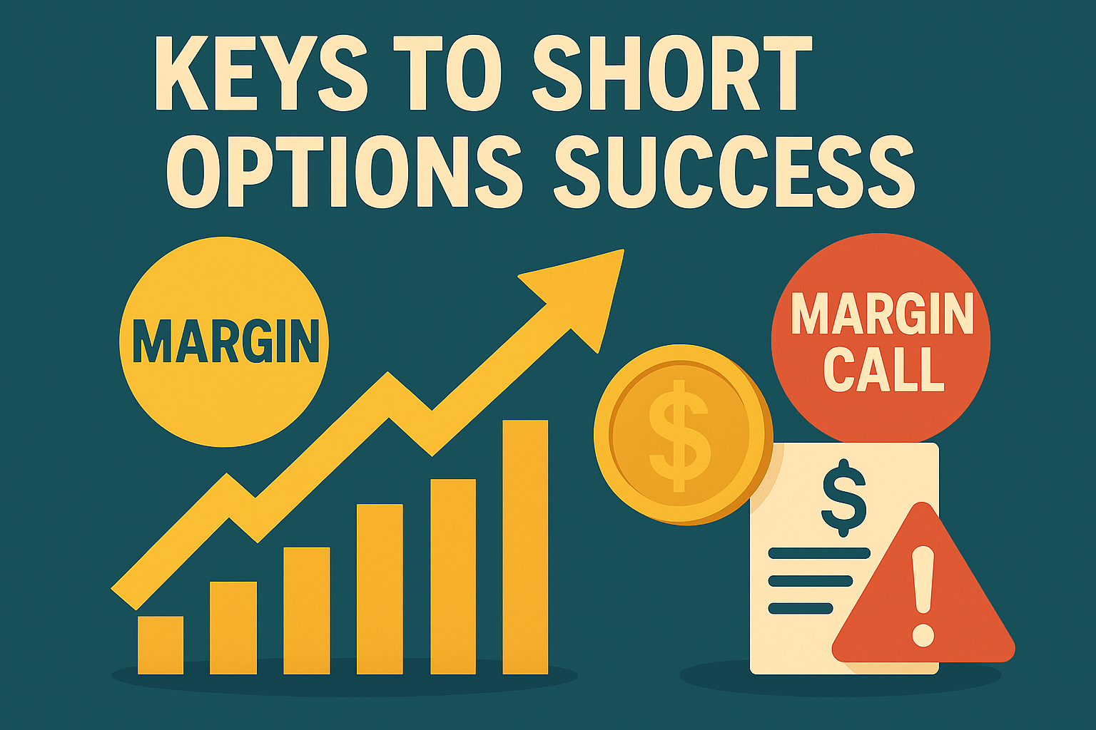 숏 옵션 성공의 핵심 요소를 보여주는 그래프, 마진 아이콘, 경고표시와 마진콜 개념을 함께 표현한 일러스트 이미지