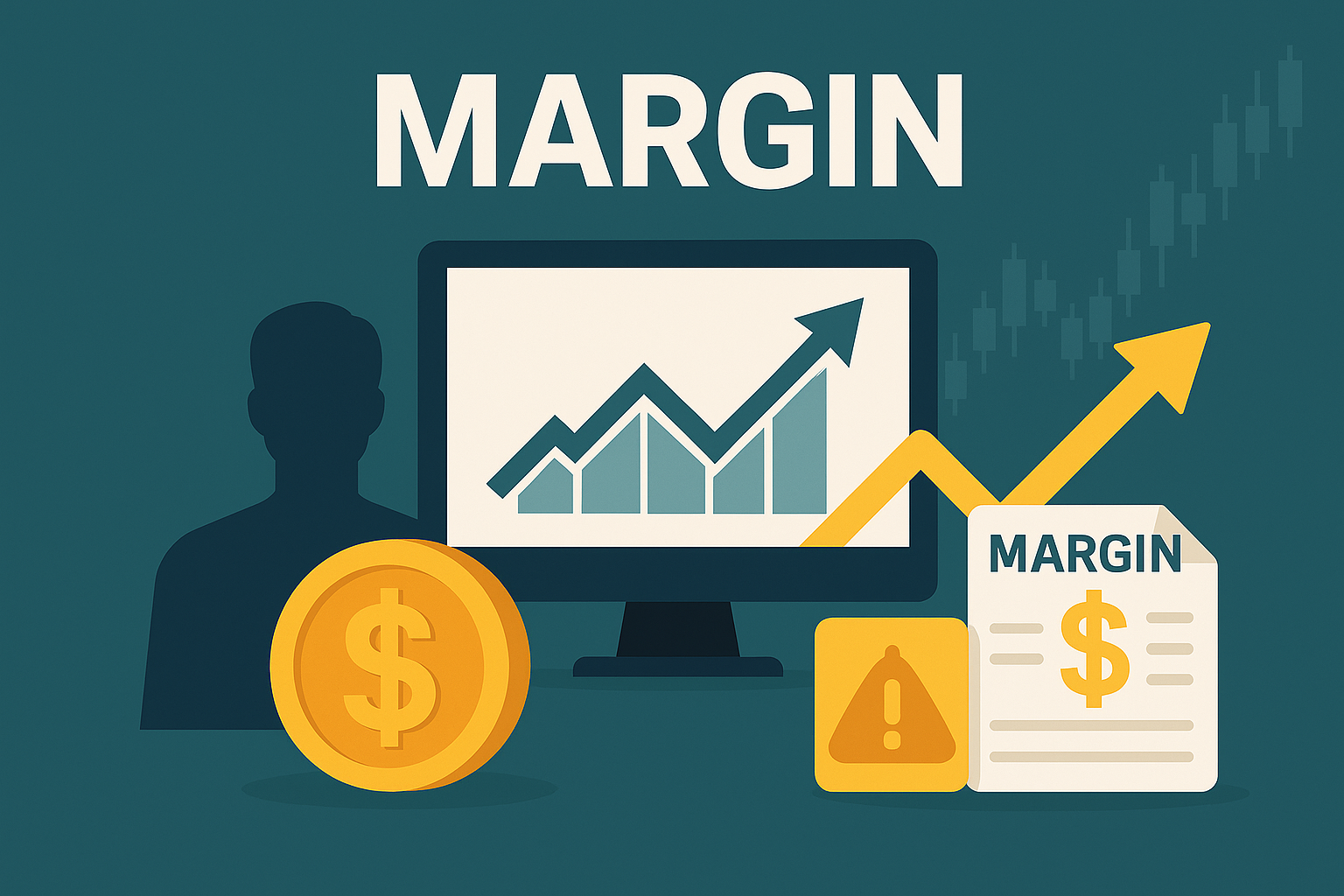 마진 거래를 상징하는 상승 그래프, 달러 코인, 경고 아이콘, 증거금 문서를 조합해 표현한 금융 개념 일러스트 이미지
