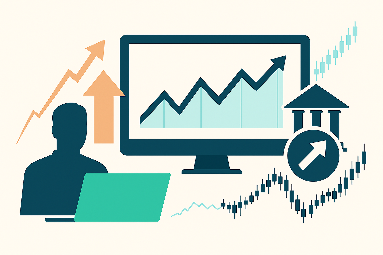 커버드콜 전략을 상징하는 상승 차트, 화살표 아이콘, 컴퓨터 화면, 캔들차트 등이 조합된 금융 일러스트 이미지
