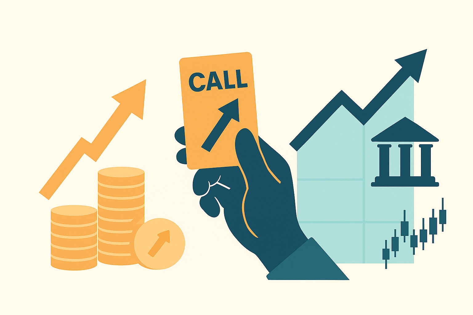 콜옵션 카드를 들고 있는 손, 상승 화살표, 동전 더미, 차트 등을 조합해 커버드콜 전략을 시각적으로 표현한 금융 일러스트 이미지