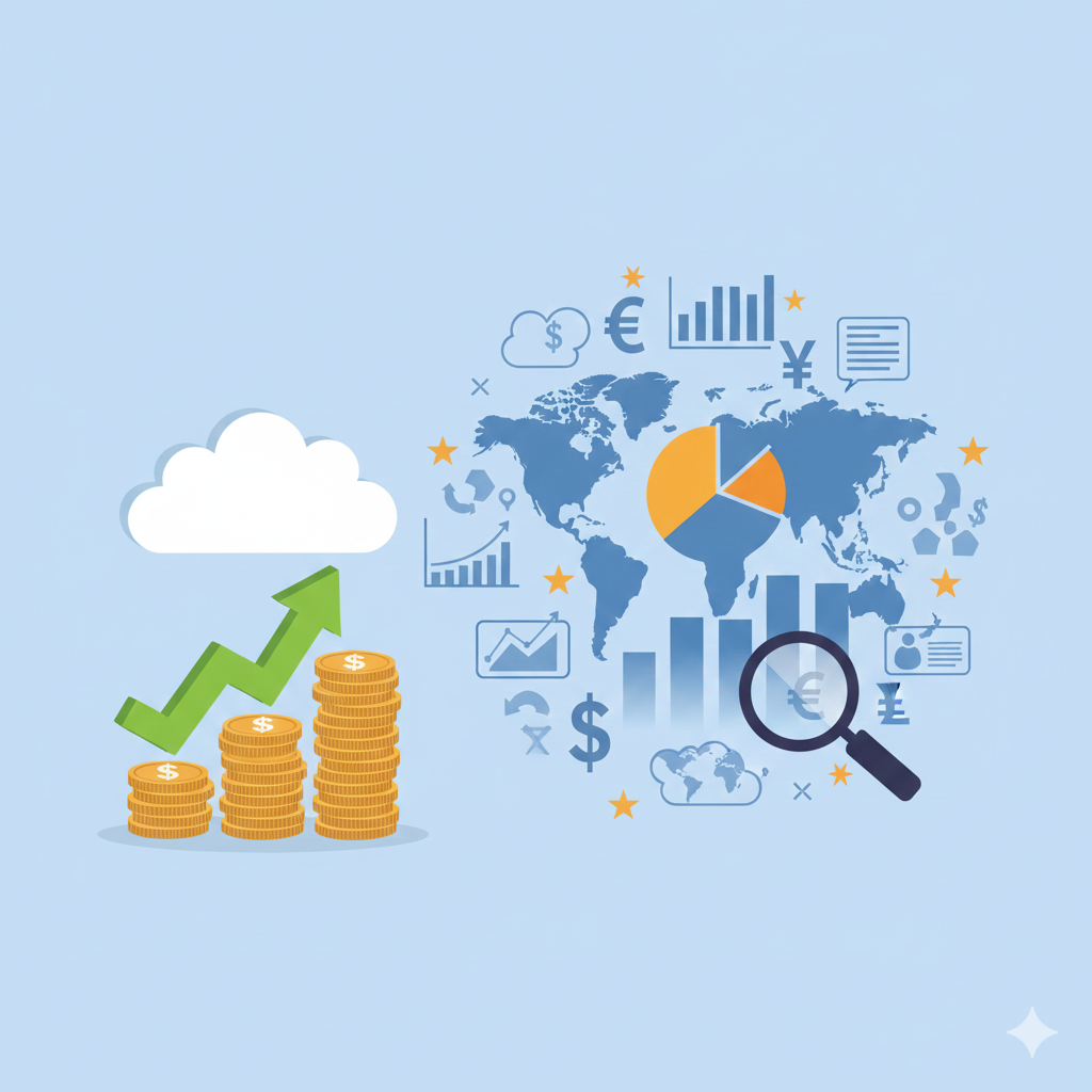 성장하는 금융 시장과 복잡한 경제 분석을 시각적으로 나타낸 이미지. 왼쪽에는 녹색 화살표와 구름 아래 동전 더미가 쌓여 성장하는 모습을 보여주며, 오른쪽에는 다양한 통화 기호, 막대 그래프, 파이 차트, 돋보기가 복잡하게 얽힌 형태로 경제 데이터 분석과 글로벌 연결성을 상징합니다.