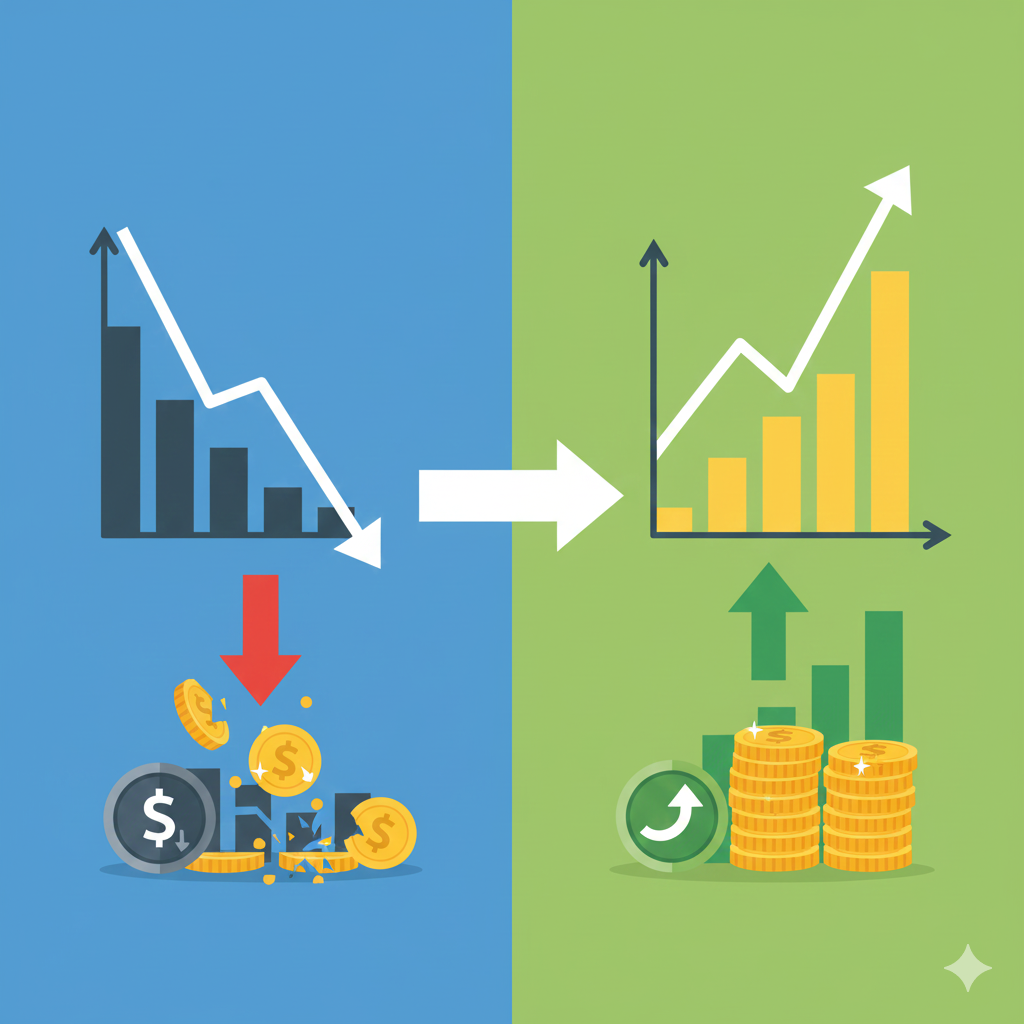 푸른색 배경에 하락하는 주식 시장 차트와 떨어지는 동전들이 있고, 녹색 배경에는 상승하는 차트와 쌓이는 동전들이 화살표로 연결되어 인버스 ETF의 반대 수익 개념을 시각화합니다.