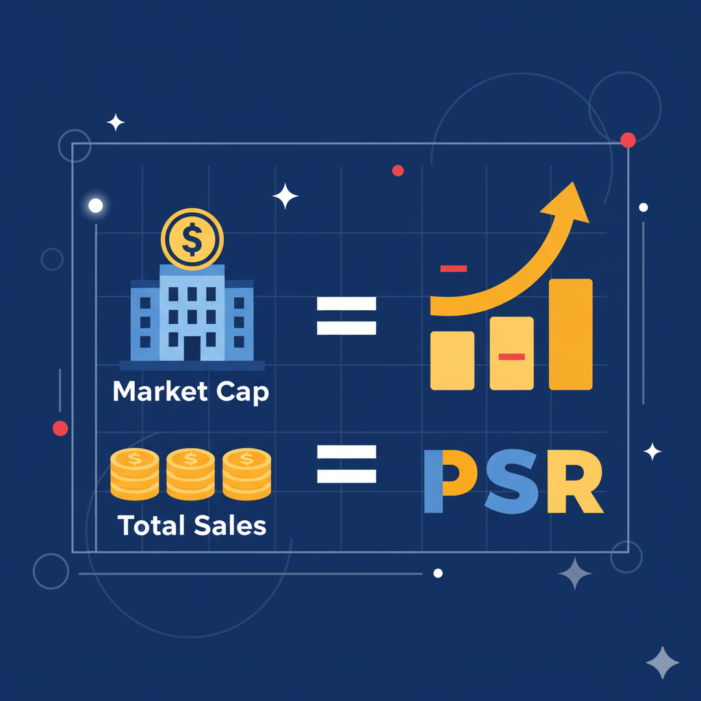 텍스트 없이 PSR(주가매출액비율)의 핵심 개념을 시각화한 이미지. 기업의 가치를 나타내는 건물 아이콘과 매출액을 상징하는 돈더미, 그리고 적자를 의미하는 마이너스 기호가 있는 성장 그래프가 결합되어, 이익이 없는 기업의 잠재력을 은유적으로 표현합니다.