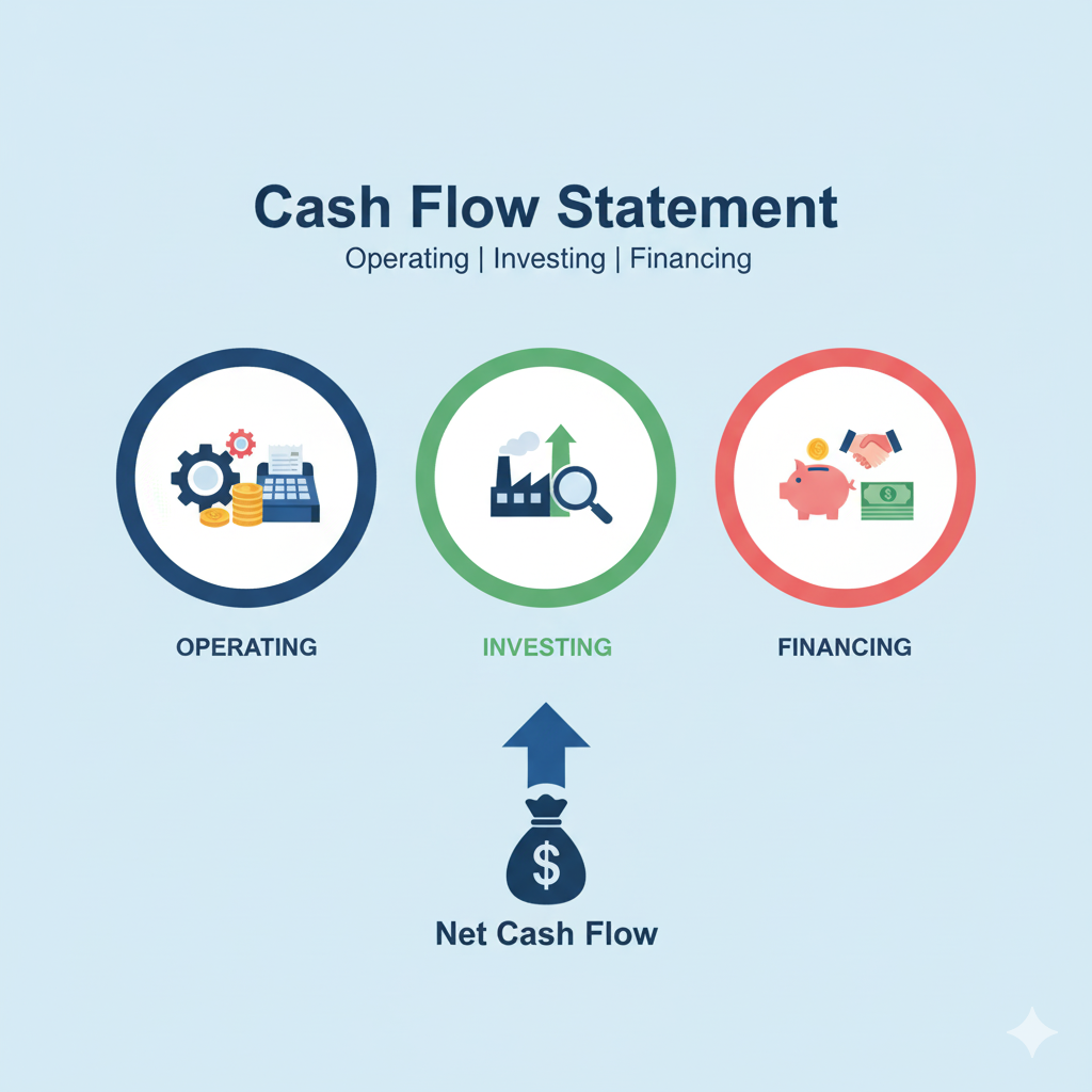 현금 흐름표의 3가지 핵심 활동을 최소화된 텍스트와 큰 아이콘으로 시각화한 이미지. 영업, 투자, 재무 활동을 단순한 그림으로 표현하여 현금의 흐름을 직관적으로 보여줍니다.