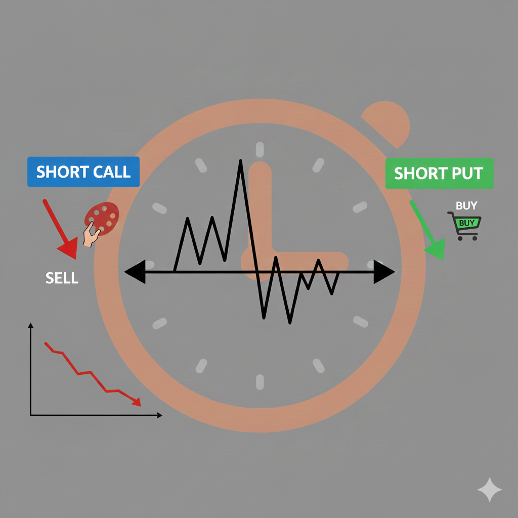 숏 옵션(옵션 매도) 전략을 시각적으로 나타낸 이미지입니다. 중앙에는 주식 시장의 변동성을 보여주는 검은색 그래프가 수평 화살표와 시계 이미지 위에 겹쳐져 있습니다. 왼쪽에는 'SHORT CALL' 레이블과 함께 빨간색 아래쪽 화살표와 'SELL'이라는 단어가, 오른쪽에는 'SHORT PUT' 레이블과 함께 녹색 아래쪽 화살표와 'BUY'라는 단어가 표시되어 숏 콜과 숏 풋 전략을 대비시킵니다. 왼쪽 하단에는 감소하는 추세의 빨간색 선 그래프가 있습니다.