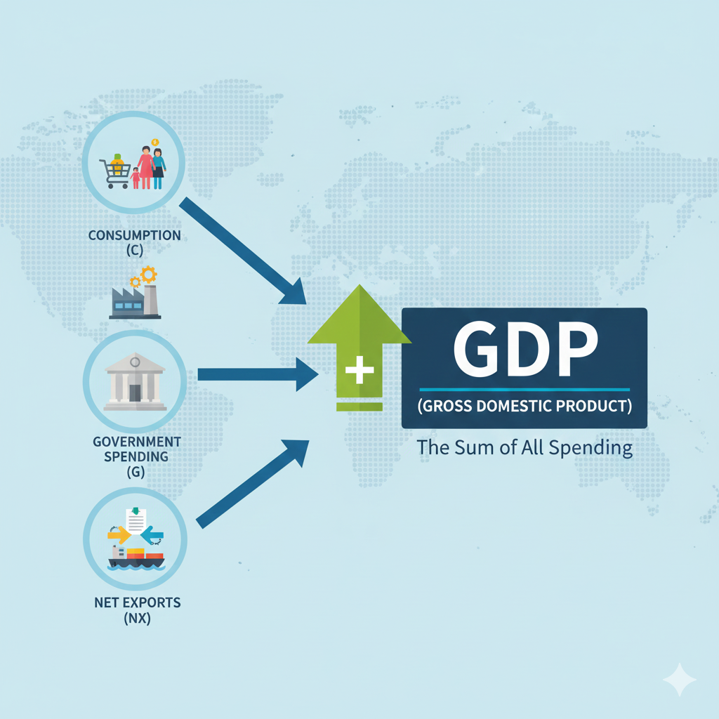 GDP 구성 요소인 소비, 투자, 정부 지출, 순수출을 시각적으로 표현한 다이어그램. 각 요소별 아이콘(쇼핑카트, 공장, 정부 건물, 무역선)과 화살표로 GDP로의 흐름을 나타내고 있습니다.