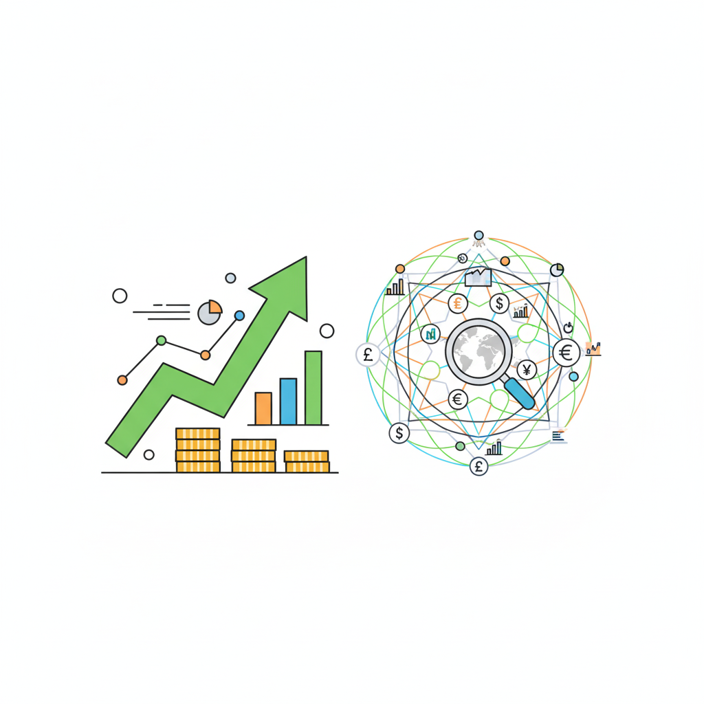 금융 성장 및 글로벌 경제 분석을 시각화한 일러스트입니다. 왼쪽에는 쌓인 코인 위로 상승하는 녹색 화살표와 그래프가 자산 증식을 상징하며, 오른쪽에는 돋보기를 통해 보이는 지구본 주변에 달러, 유로, 엔 등의 통화 기호와 복잡한 데이터 연결망이 글로벌 금융 시장 분석을 나타냅니다.