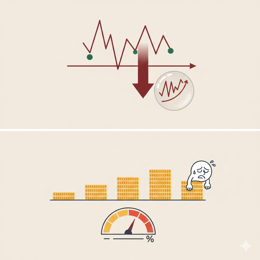 상단에는 등락을 반복하는 불안정한 시장 차트가 큰 하향 화살표와 함께 그려져 있고, 하단에는 줄어드는 동전 기둥과 좌절하는 사람의 모습, 그리고 위험을 나타내는 계기판이 배치되어 레버리지 인버스의 위험성과 복리 손실을 시각적으로 나타냅니다.