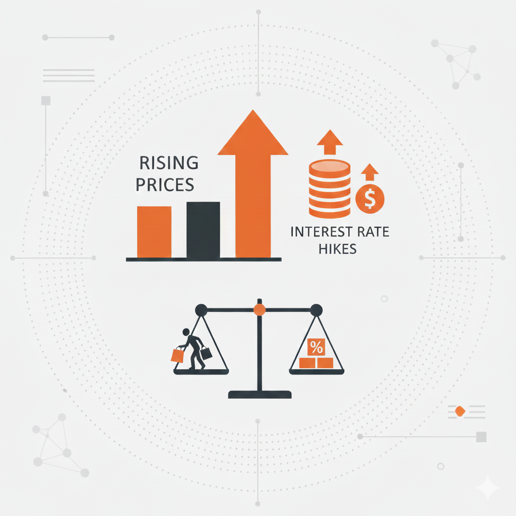 텍스트 없이 CPI(소비자물가지수)의 개념을 시각화한 이미지. 상승하는 주황색 물가 그래프와 금리 인상을 상징하는 돈뭉치, 그리고 구매력 하락을 의미하는 저울 아이콘이 회색 톤의 배경과 어우러져 물가 지표의 핵심 의미를 나타냅니다.