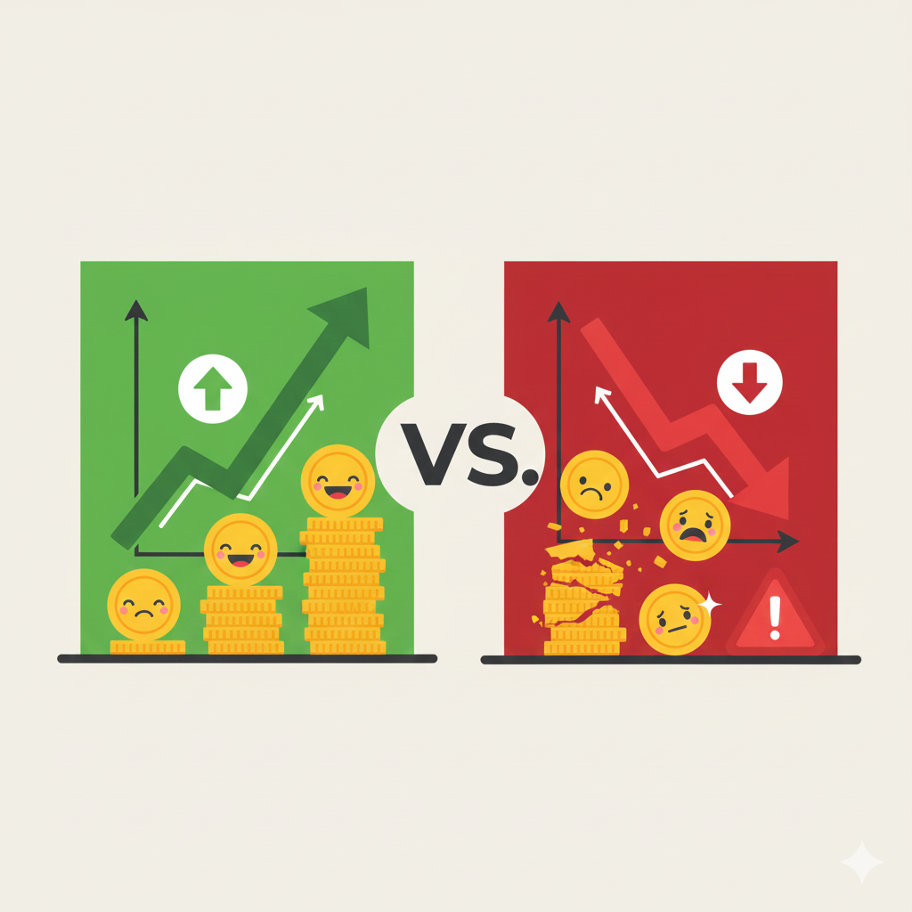 녹색 배경의 좌측에는 위로 향하는 그래프와 웃는 표정의 동전 더미가 그려져 레버리지 투자 시의 수익 증대 가능성을 나타냅니다. 붉은색 배경의 우측에는 아래로 향하는 그래프와 깨지고 슬픈 표정의 동전 더미, 그리고 경고 아이콘이 배치되어 레버리지의 위험과 손실을 대비하여 보여줍니다.