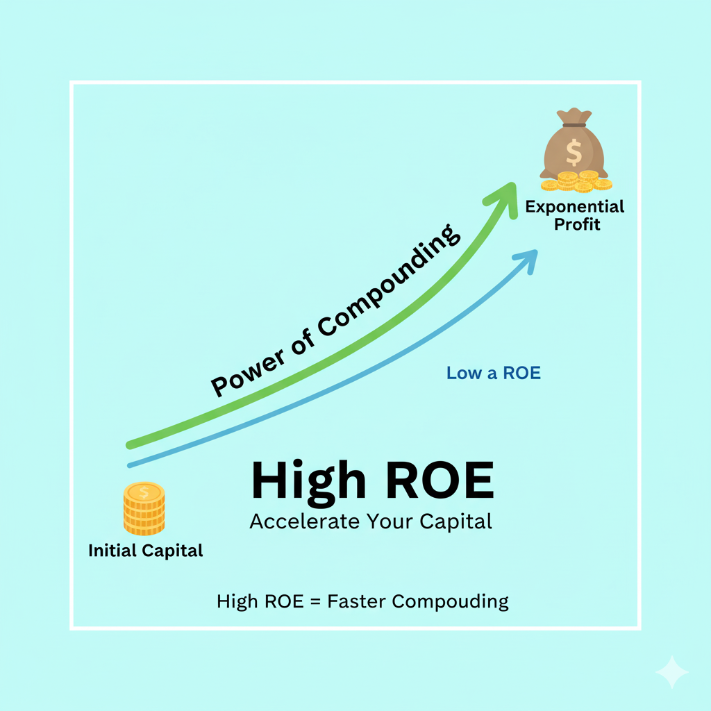ROE와 복리 효과를 나타내는 성장 그래프. 높은 ROE가 시간이 지남에 따라 자본의 복리 성장과 주가 상승에 어떻게 기여하는지 보여주는 곡선 그래프입니다. 장기 투자의 중요성을 시각화합니다.