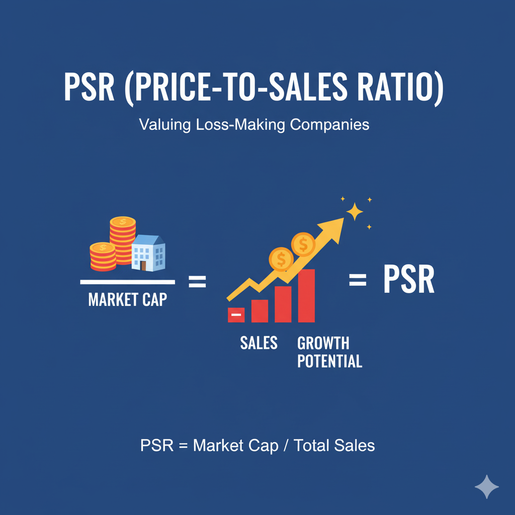 PSR(주가매출액비율) 개념을 시각화한 이미지. 매출액(Sales) 대비 시가총액(Market Cap)의 비율을 보여주며, 적자(Red Minus Symbol) 기업도 매출액으로 평가할 수 있음을 직관적으로 나타냅니다.
