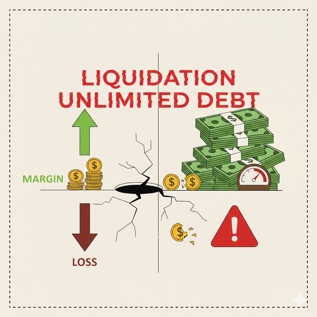갈라진 땅을 중심으로 좌측에는 적은 증거금(Margin) 동전 더미가 있습니다. 우측에는 무너져 내리는 동전들과 더 큰 지폐 더미가 있고, 위험을 알리는 경고 아이콘과 함께 원금 초과 손실을 의미하는 'UNLIMITED DEBT' 문구가 표시되어 선물 투자의 마진콜 및 무한 손실 위험을 경고합니다.