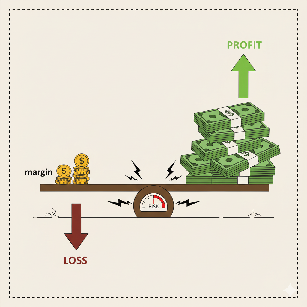 작은 증거금(margin) 동전 더미가 놓인 지렛대가 중앙의 위험(risk) 계기판 위에서 균형을 잡고 있습니다. 지렛대의 한쪽은 큰 수익(profit)의 지폐 더미로 상승하고, 다른 한쪽은 큰 손실(loss)을 나타내는 아래 화살표로 하락하여 선물 투자의 레버리지 효과와 양면성을 보여줍니다.