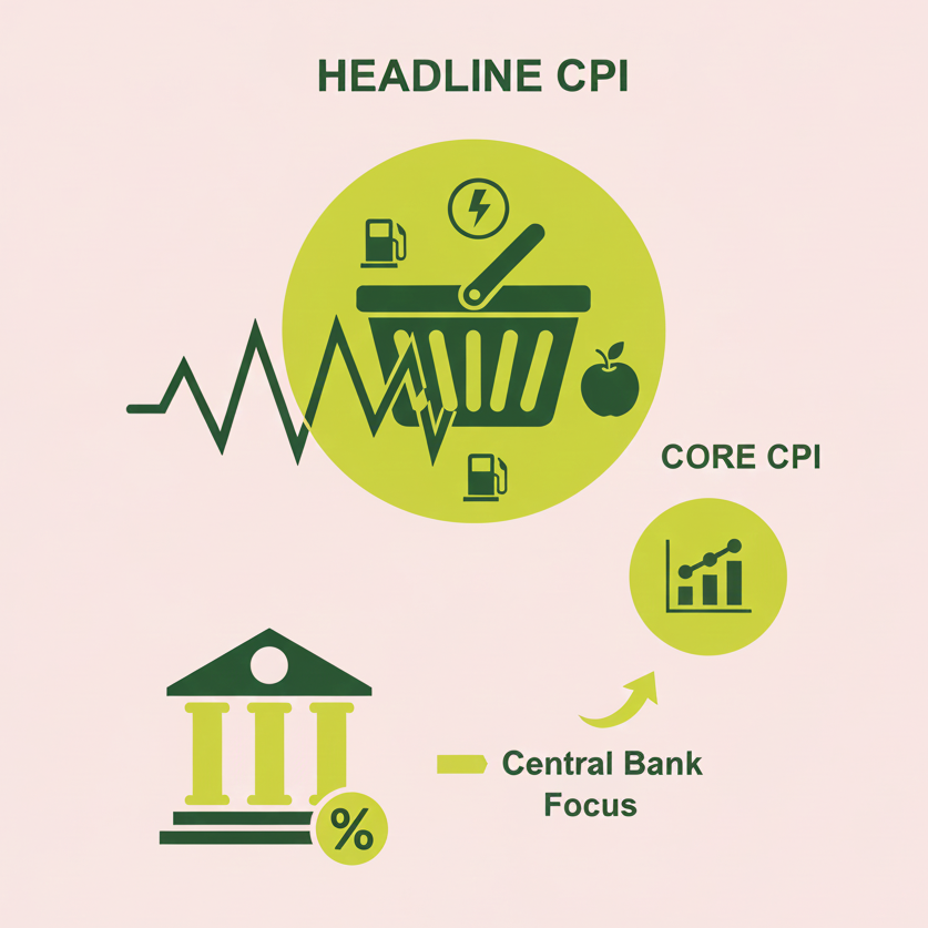 텍스트 없이 CPI(소비자물가지수)의 개념을 시각화한 이미지. 상승하는 주황색 물가 그래프와 금리 인상을 상징하는 돈뭉치, 그리고 구매력 하락을 의미하는 저울 아이콘이 회색 톤의 배경과 어우러져 물가 지표의 핵심 의미를 나타냅니다.