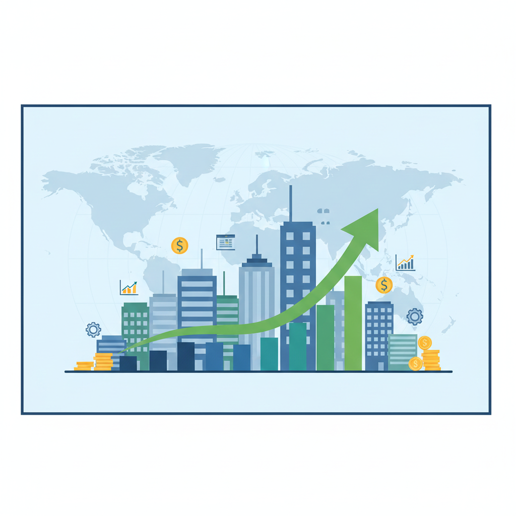 텍스트 없이 경제 성장을 상징하는 이미지. 다양한 크기의 건물과 그래프, 그리고 돈을 의미하는 아이콘들이 함께 어우러져 한 국가의 GDP 성장과 경제 활동의 활력을 추상적으로 표현하고 있습니다.