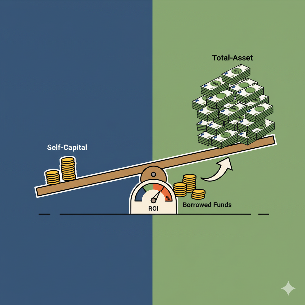 어두운 배경에서 작은 자기 자본(동전 더미)이 지렛대의 한쪽 끝을 누르고, 반대쪽에서는 빌린 자금(작은 동전 더미)이 지렛대를 들어 올려 훨씬 큰 총자산(지폐 더미)을 움직이는 모습을 시각화하여 레버리지의 지렛대 효과를 보여줍니다.