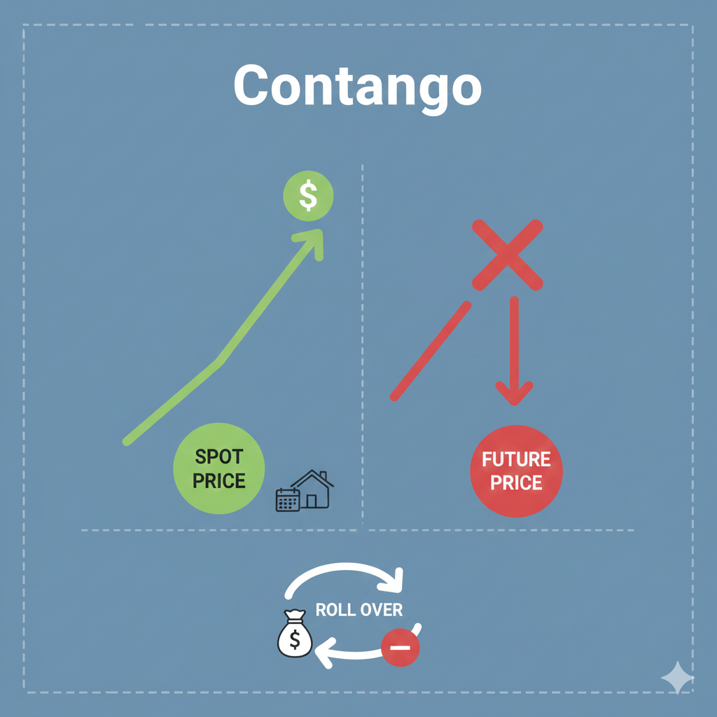 푸른색 배경에 'Contango'라는 글자가 있습니다. 좌측에는 상승하는 초록색 화살표와 함께 'Spot Price'라고 적힌 현물 가격이, 우측에는 하락하는 빨간색 화살표와 함께 'Future Price'라고 적힌 선물 가격이 표시된 그래프가 있습니다. 아래에는 'ROLL OVER'라는 글자와 함께 돈주머니에서 돈이 빠져나가는 듯한 화살표가 그려져 롤오버 시 발생하는 비용을 시각적으로 나타냅니다.