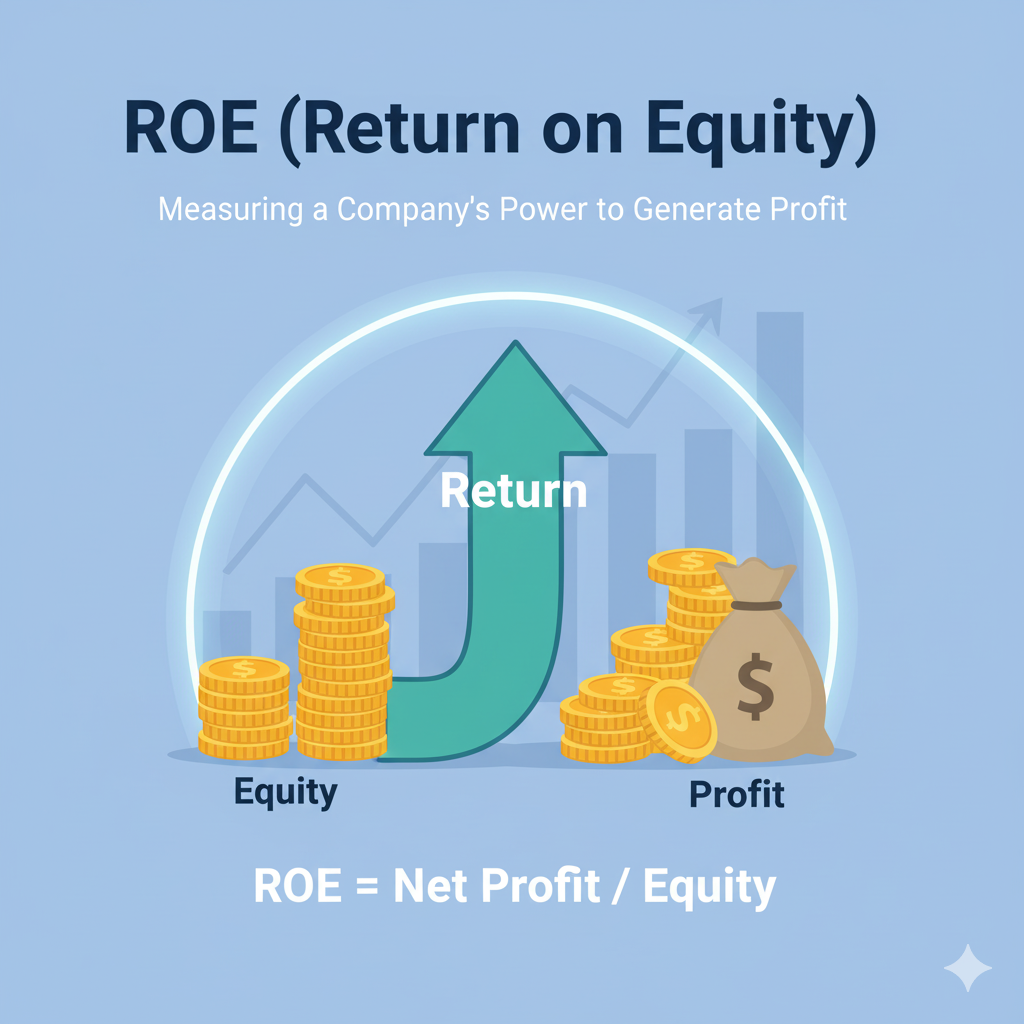 ROE (자기자본이익률) 개념을 시각화한 이미지로, 'Equity'에서 'Profit'으로 이어지는 성장 화살표와 함께 ROE 공식이 명확하게 강조되어 있습니다. 투자 대비 수익률을 직관적으로 보여주는 금융 다이어그램입니다.
