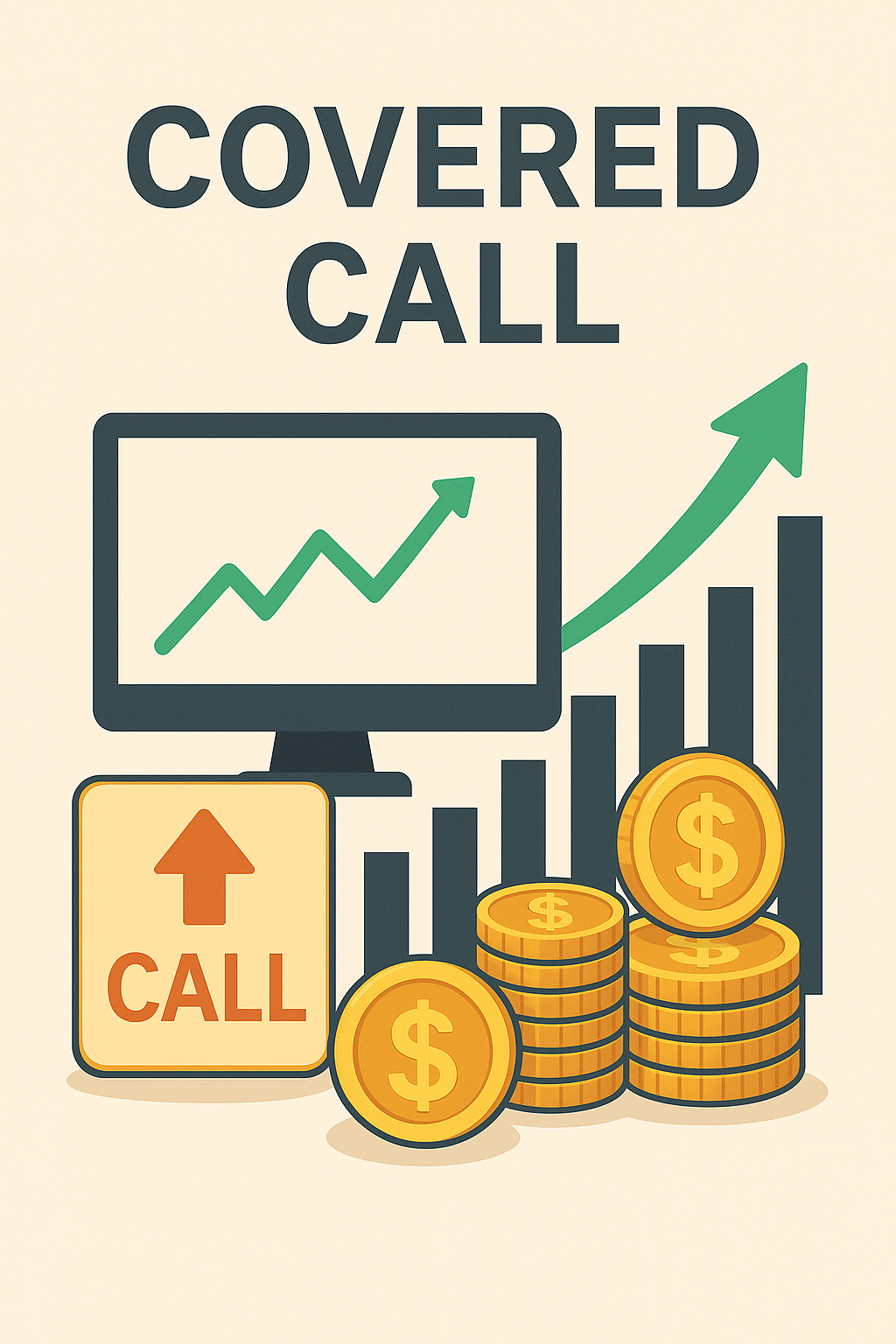 커버드콜 전략을 상징하는 상승 그래프, CALL 아이콘, 금화 더미, 모니터 차트가 함께 배치된 금융 투자 일러스트 이미지