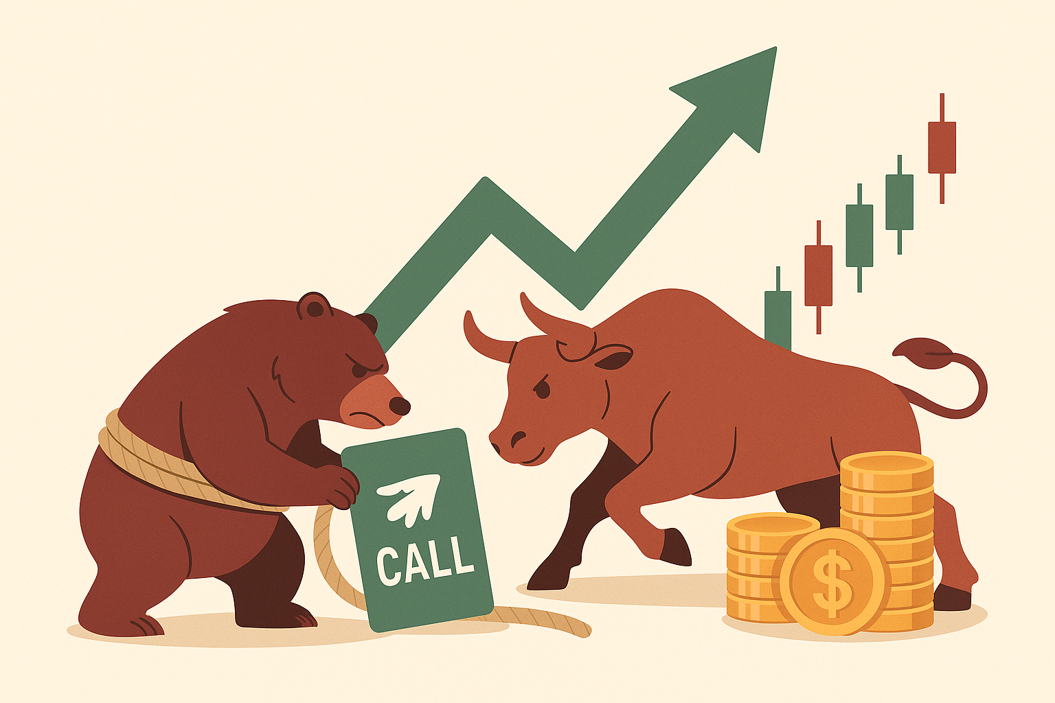 상승하는 주가 그래프와 캔들차트 앞에서 곰이 밀리는 모습과 황소가 공격하는 모습을 통해 숏 스퀴즈 상황을 시각적으로 표현한 일러스트 이미지