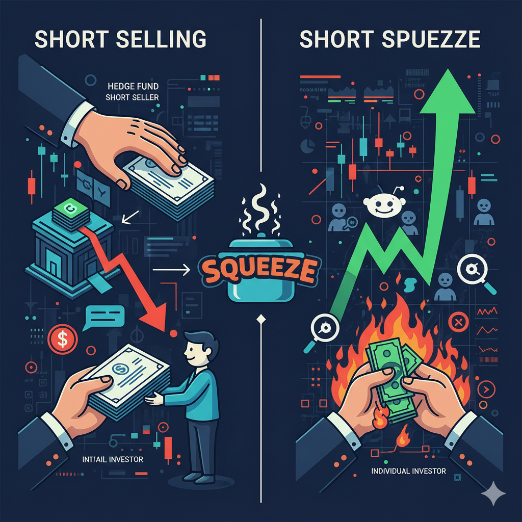 주식 공매도 위험 및 마진콜 관련 투자 개념 이미지. 파란색 배경 위에 하락하는 주가 그래프와 함께 'MARGIN', 'STOCKS', 'OPTIONS'라는 텍스트가 표시된 아이콘들이 배치되어 있으며, 돼지 저금통(마진)과 옵션 계약서가 보인다. 이는 숏셀링(Short Selling), 주식 투자 위험, 마진 거래를 나타내는 금융 개념 인포그래픽입니다.