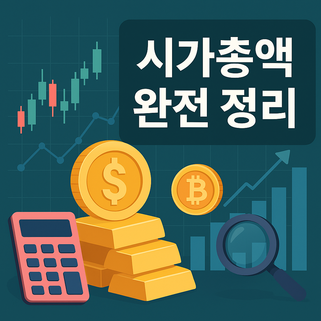 시가총액 완전 정리라는 문구와 함께 금화, 비트코인 아이콘, 계산기, 상승 차트, 캔들차트, 돋보기가 포함된 금융 개념 일러스트 이미지