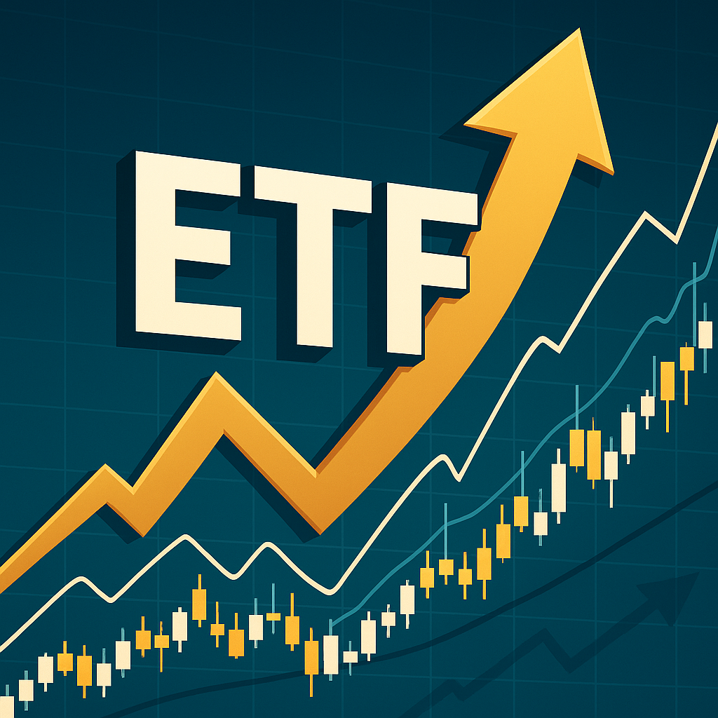 어두운 배경에 'ETF' 글자와 함께 주가 상승을 나타내는 굵은 노란색 화살표와 캔들 차트가 그려진 금융 성장 콘셉트의 일러스트