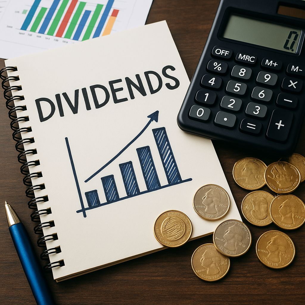 노트에 'DIVIDENDS' 글자와 손으로 그린 상승 그래프가 있고, 계산기, 동전, 펜이 함께 놓인 배당금 수익 계산 콘셉트의 이미지