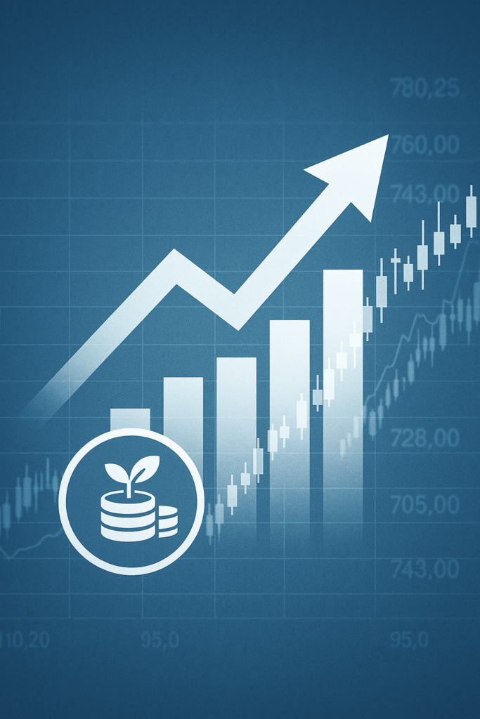파란색 배경에 막대 그래프와 상승 화살표가 그려진 투자 성장 차트. 전면에 동전 위에 새싹이 돋아나는 아이콘이 강조됨