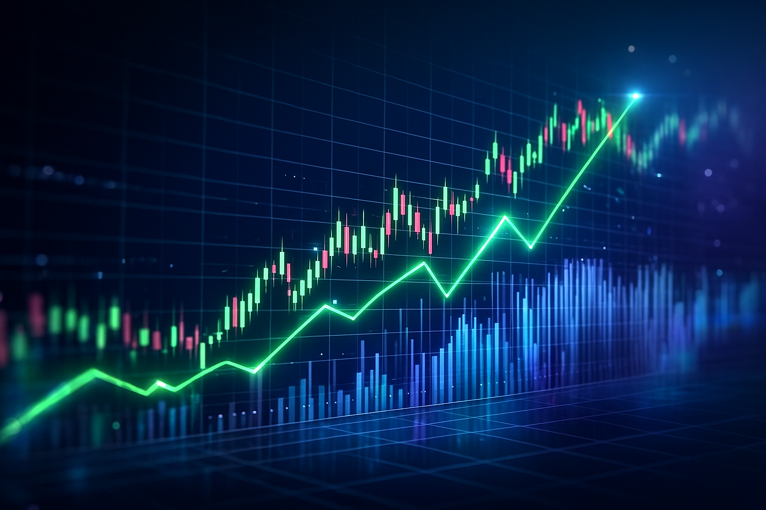 어두운 배경에 형광 녹색 상승 추세선과 캔들 차트가 결합된 주식 또는 금융 시장의 역동적인 상승장 그래프