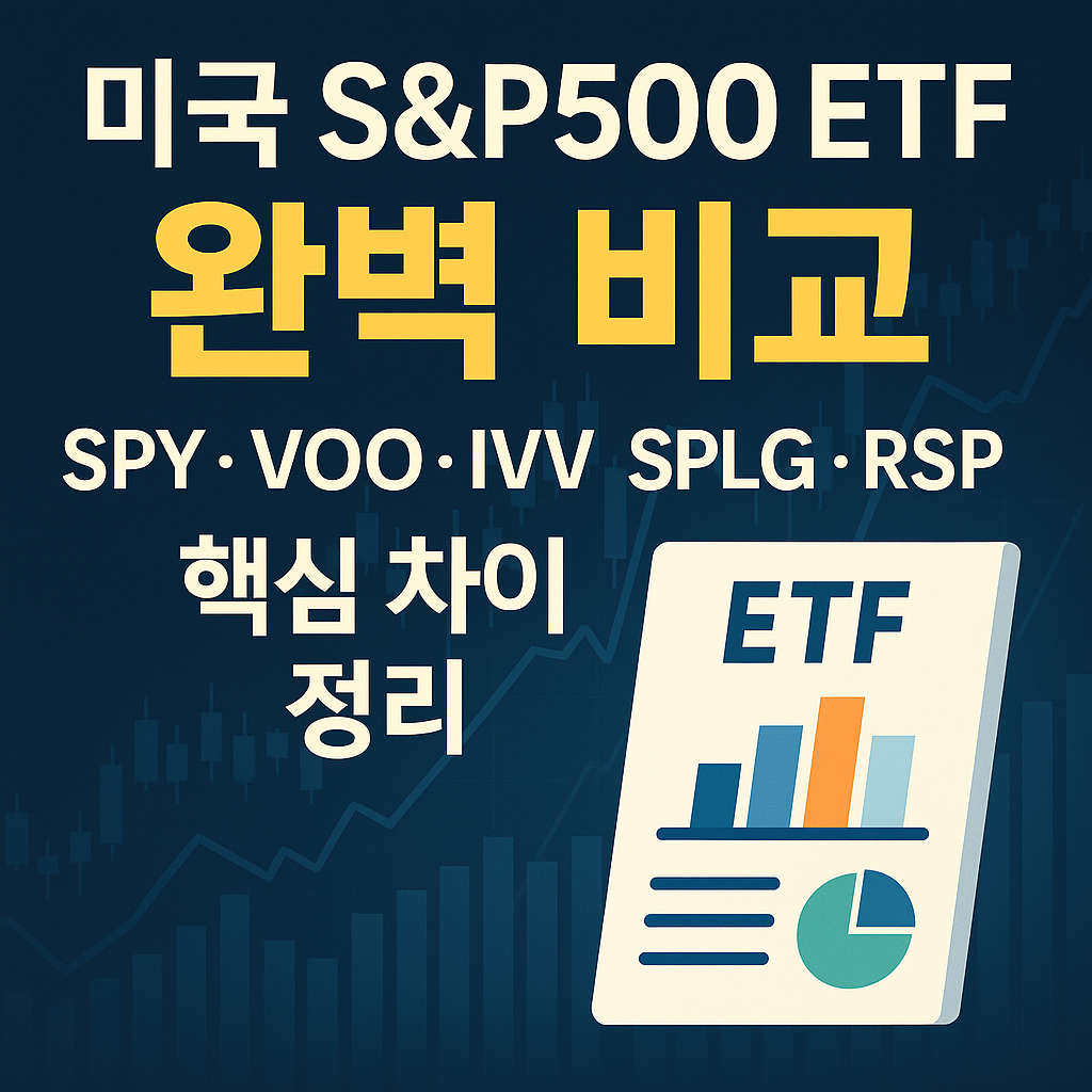 미국 S&P500 ETF 완벽 비교 콘텐츠 표지. SPY, VOO, IVV 등 대표적인 S&P 500 ETF 5종의 핵심 차이점을 정리한다는 텍스트가 강조됨