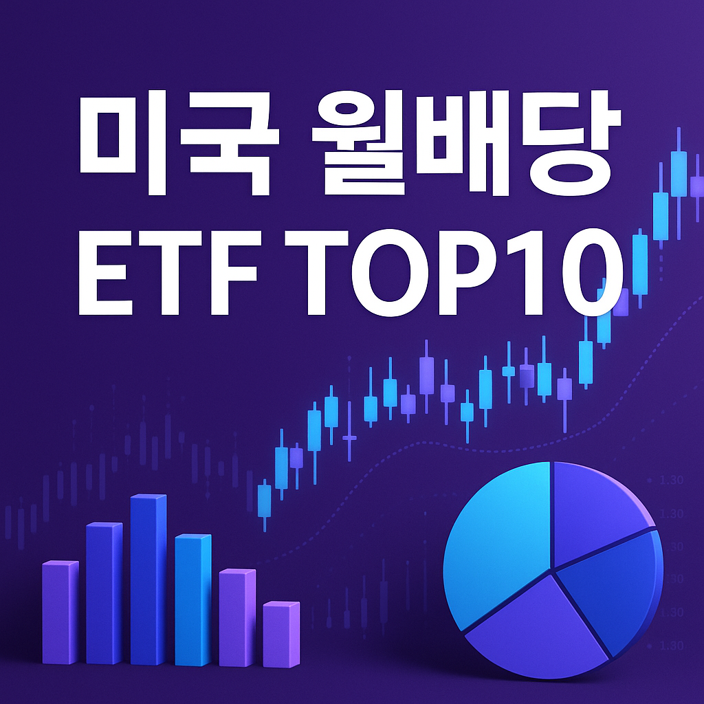 미국 월배당 ETF TOP 10 글자와 함께 캔들 차트, 막대 그래프, 파이 차트가 그려진 금융 콘텐츠 표지 이미지